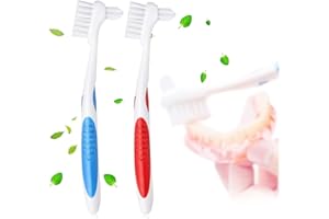 Y-Kelin 2 Pcs Denture Brush, Dual Head Toothbrush & Rubber Handle (Red+Blue)
