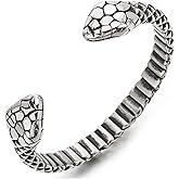 COOLSTEELANDBEYOND Stainless Steel Snake Heads Cuff Bracelet for Mens Women, Snake Scale Bangle, Retro Style