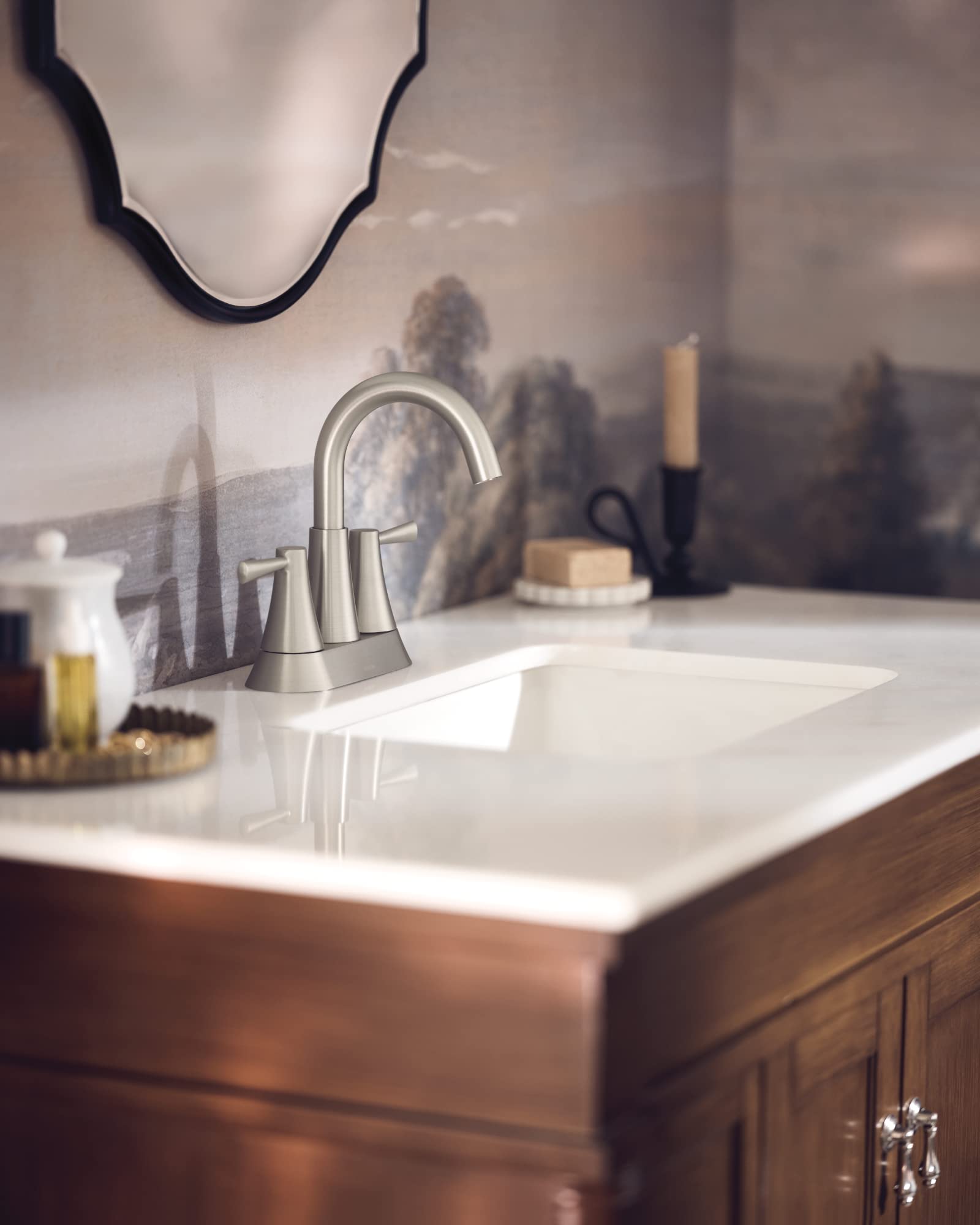 Moen Ronan Spot Resist Brushed Nickel Two-Handle 4 in. Centerset Modern Bathroom Faucet with Push-Down Drain, 84022SRN