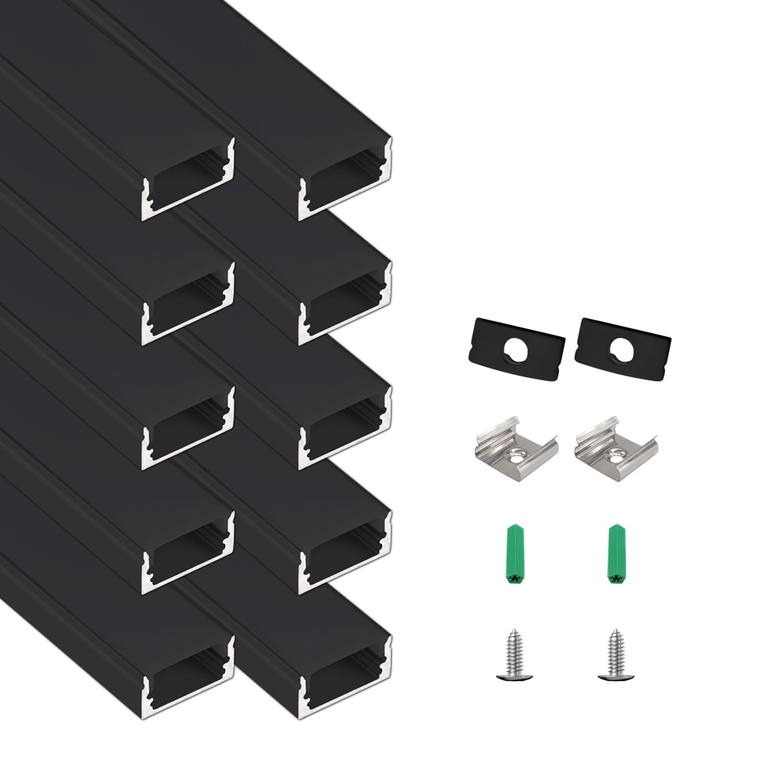 Photo 1 of 10-Pack 3.3ft/1M U Shape Black Led Aluminum Channel System with Black Diffuses Cover, End Caps and Mounting Clips, Aluminum Profile for 12.5mm LED Strip Light Installations, Easy Installation