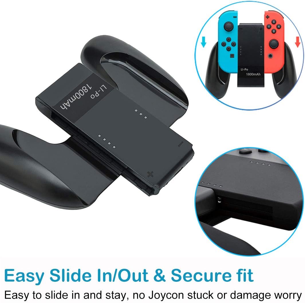 Kinvoca Joy Con Charging Grip with 1800mAh Battery, 2-in-1 Comfort Grip for Nintendo Switch Joy-Con Controller, Joycon Charger with 32in USB-C Cable, Power & Charge Indicators, Overcharge Protection: Computers & Accessories