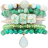 NUZUJX 5PCS Natural Boho Beaded Bracelets Bangle for Women Men,Healing Turquoise Jasper Agate Crystal Gemstone Stone Chakra Multilayer Wrap Bohemian Handmade Jewelry Beads Stretch Bracelet Set