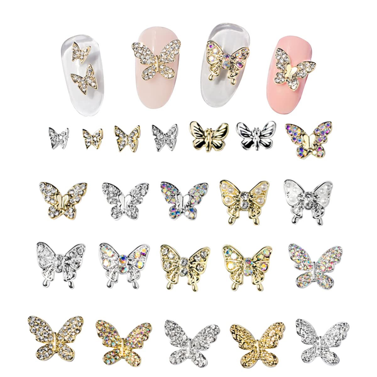 Butterfly Nail Charms,22PCS Mixed 3D Metal Butterfly Nail Rhinestones Charms,Shiny Nail Gems Jewels Studs for Nail Art Design Decorations DIY Crafts Gold Silver(Gold Silver 22PCS)