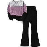 Cakaner Toddler Girls Clothes Ribbed Color Block Pullover Tops + Flare Pants Set Fall Outfits