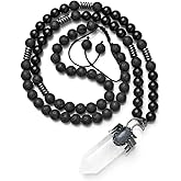 Top Plaza Natural Stone Healing Crystal Clear Quartz Hexagonal Pointed Gemstone Pendant Necklace Crescent Moon Jewelry Adjustable Lava Rock Beads Necklaces for Women Men