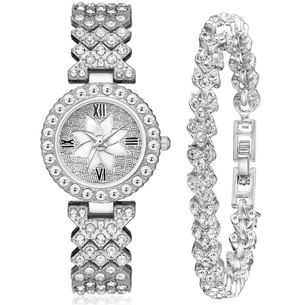 Photo 1 of CdyBox Women Luxury Watches Steel Band with Diamonds Bracelets Watches Set Quartz Wristwatch Wholesale (Silver)