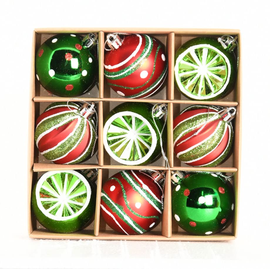 Christmas Baubles 9-Piece 6 cm Plastic Christmas Tree Baubles Christmas Decoration Set Plastic Ornament Christmas Decoration with Pendant Oh Deer Theme Red White Green (Green/Red)