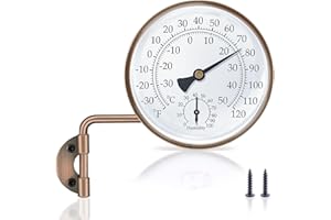AQQWXYQ 4 Inch Brass Outdoor Thermometer, Outside Decorative Thermometer for Patio, Window, Greenhouse, Garage, Brass Swivel Temperature Gauge with Humidity, Analog Temperature Gauge
