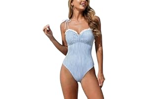 QUNPIU Women's Striped One Piece Swimsuits Tie Shoulder Ruffle Trim High Cut Tummy Control Bathing Suit