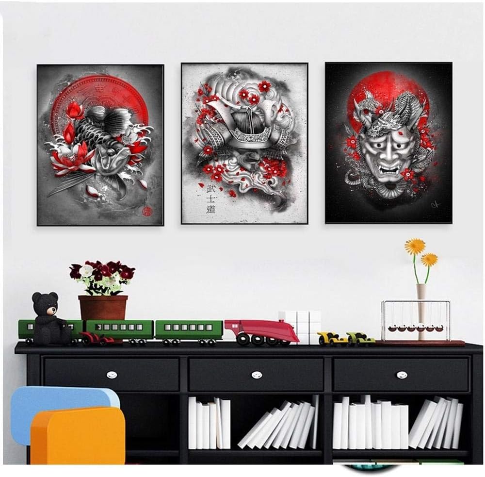 PLdeqth Diamond Painting DIY 5D Kit Full Diamond Rhinestone Embroidery Art Craft For Home Wall Decoration Mosaic Cross Stitch Large Picture Japanese Samurai,24X30Cmx3Pcs,Square Diamond