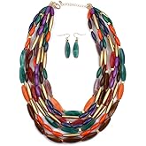 Izpack Layered Chunky Beaded Bib Choker Necklace Earrings Set for Women - Acrylic Multi-Colored Bead Adjustable Chain Collar Necklaces Hook Hoop Earring Statement Bubble Boho Jewelry Handmade Strand