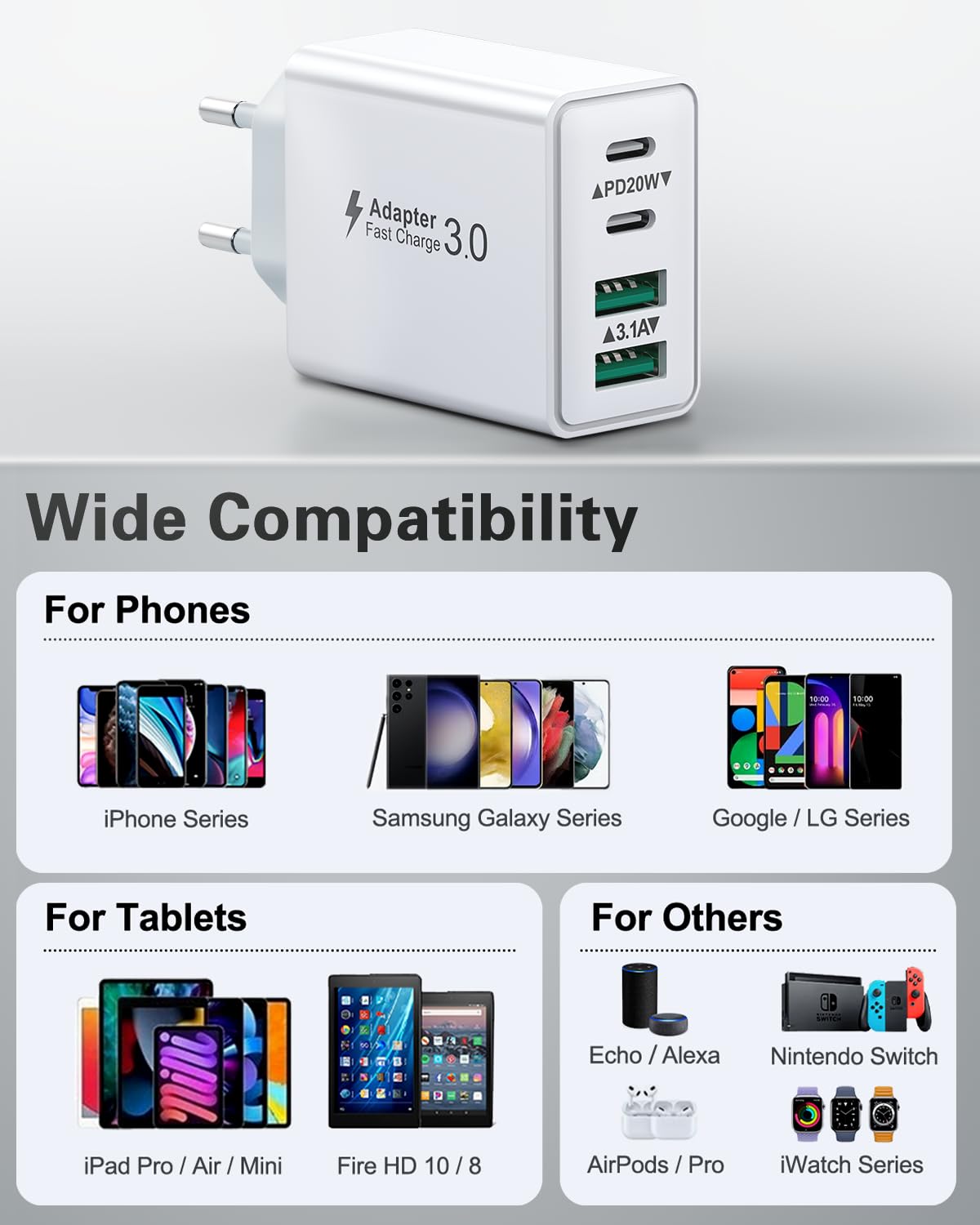 USB C Ladegerät, 40W 4 Ports Schnellladegerät, Mehrfach Stecker Mit Power Adapter Fast Charger Netzteil für iPhone 17 16 15 14 13 12 11 Pro Max, iPad, Samsung, Handys 7