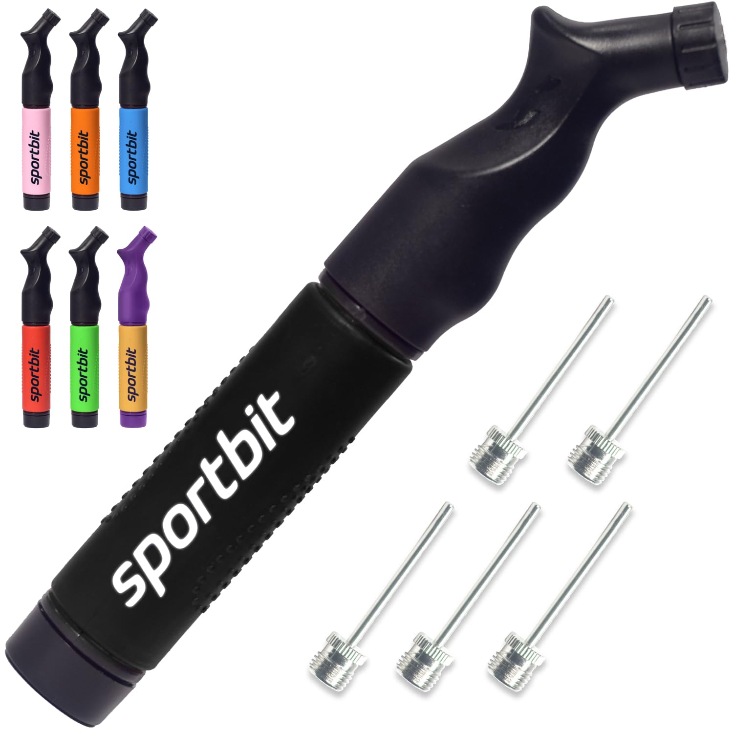 SPORTBIT Ball Pump with 5 Needles - Push & Pull Inflating System - Great for All Sports Balls - Football Ball Air Pump, Volleyball Pump, Basketball Inflator - Goes with Needles Set