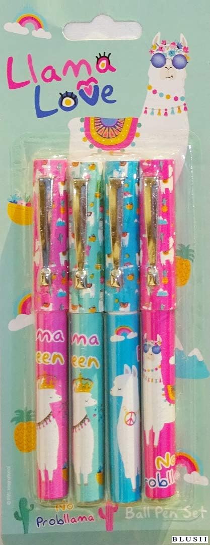 Llama Design 4pc Ball Pen With Lids On Blister Card