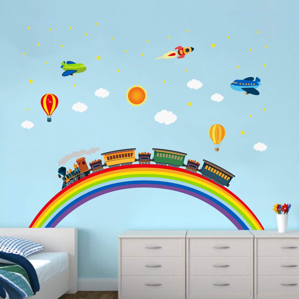 ufengke Rainbow Train Wall Stickers DIY Rocket Airplane Wall Decals Art Decor for Kids Nursery Bedroom Living Room