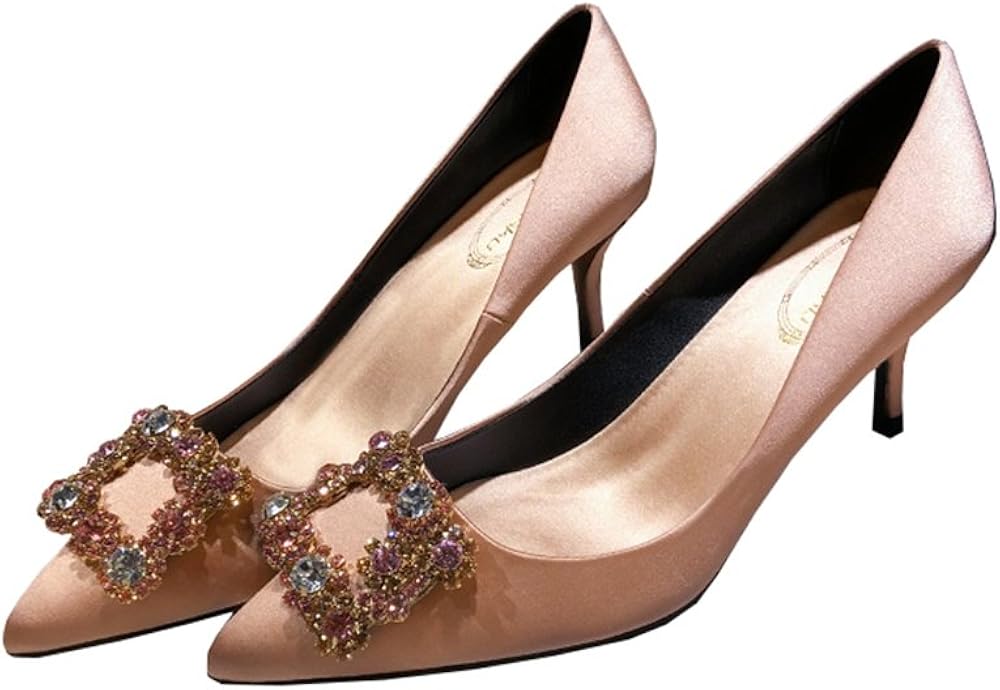 Shoes 6.5cm, 8.5cm Champagne Satin Rhinestone Pointed Shoes 6.5cm, 8.5cm Champagne Satin Rhinestone Pointed
