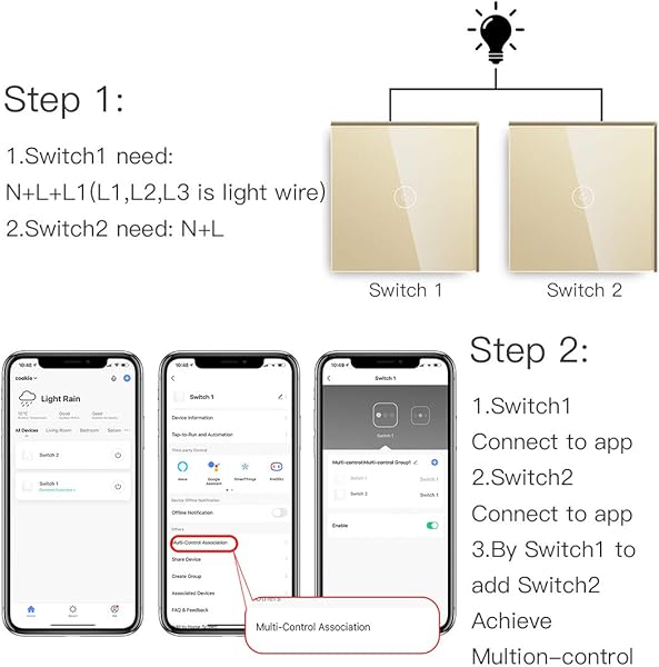 BSEED WiFi Interruptor de Luz 3 Gang 2 Vas Interruptor Smart con panel de vidrio OroCompatible con Alexa y Google Home Control de APP y Funcin de Temporizador Neutral Requerido 2 Paquete