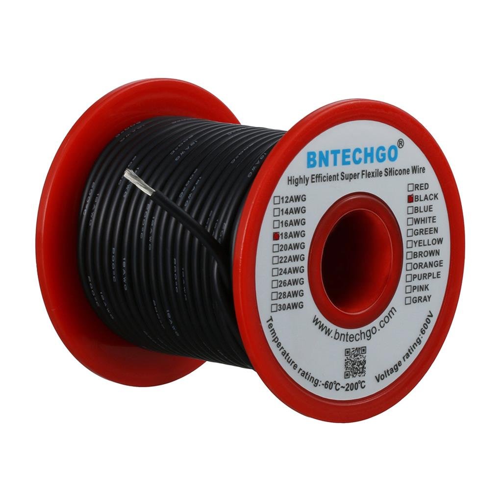 BNTECHGO 18 Gauge Silicone Wire Spool Black 100 ft Ultra Flexible High Temp 200 deg C 600V 18 AWG Silicone Rubber Wire 150 Strands of Tinned Copper Wire Stranded Wire for Model Low Impedance
