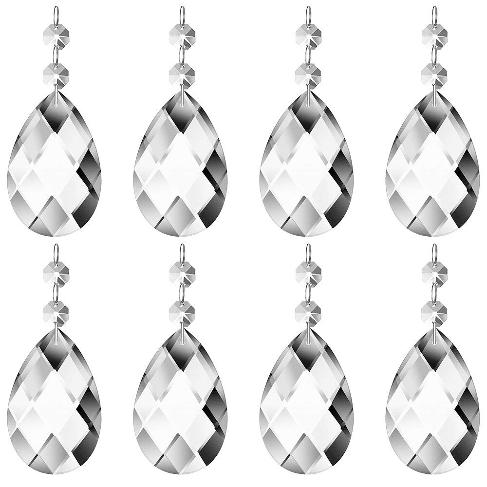 JaneYi (12 Pack) 48mm Teardrop Crystal Pendant Clear Crystal Glass Chandelier Prism Sun Catcher Parts with 12 Octagonal Beads and Connecting Rings for Lamp Vase Garden Party Christmas Wedding Decor
