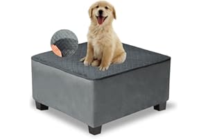 NeColorLife Waterproof Square Ottoman Cover,Thick Stretch Velvet Slipcover for Footstool,Non-Slip Soft Furniture Protector for Pets and Dogs,Dark Gray,Medium