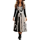 Skeleton Dress Women Long Sleeve Gothic 3D Print Maxi 2026 Fall Halloween Adult Dresses Costume Cosplay Clothes