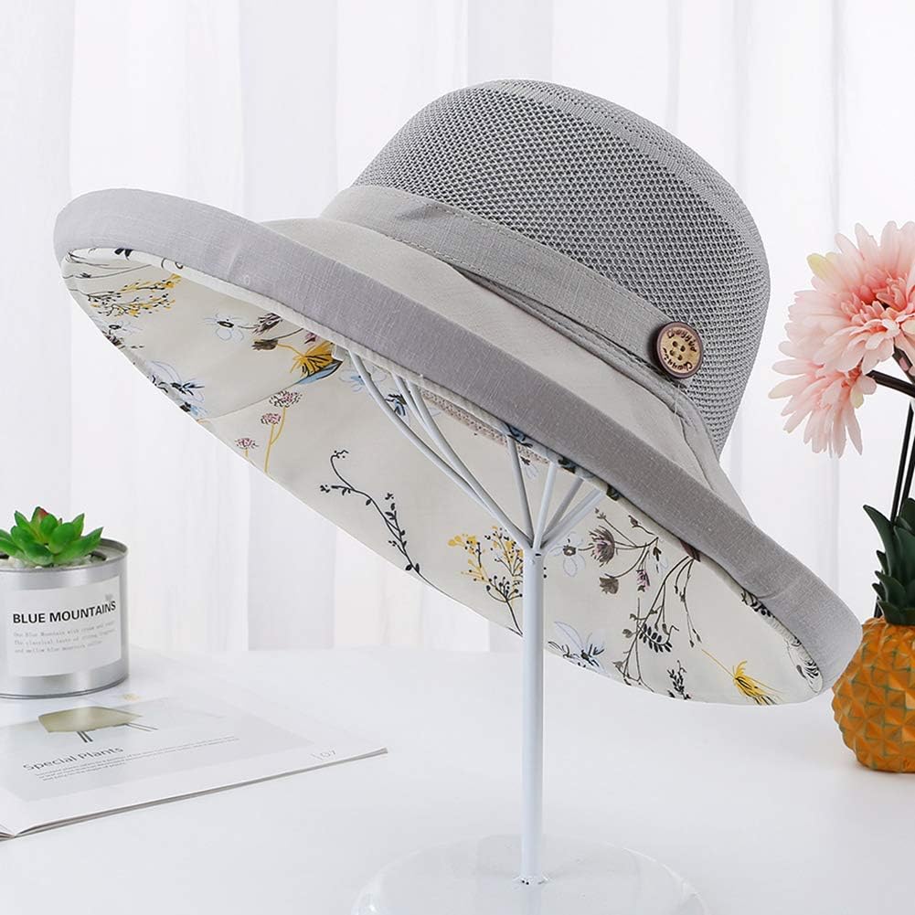Summer Mesh Sun Hats for Women Lightweight Beach Hat Floral UPF50+ Packable Wide Brim Bucket Hat with Chin Strap Grey: Clothing