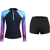 ATTRACO Women Rash Guard Long Sleeve Swim Shirt and Shorts Set SPF Quick Dry 2 Piece Bathing Suit