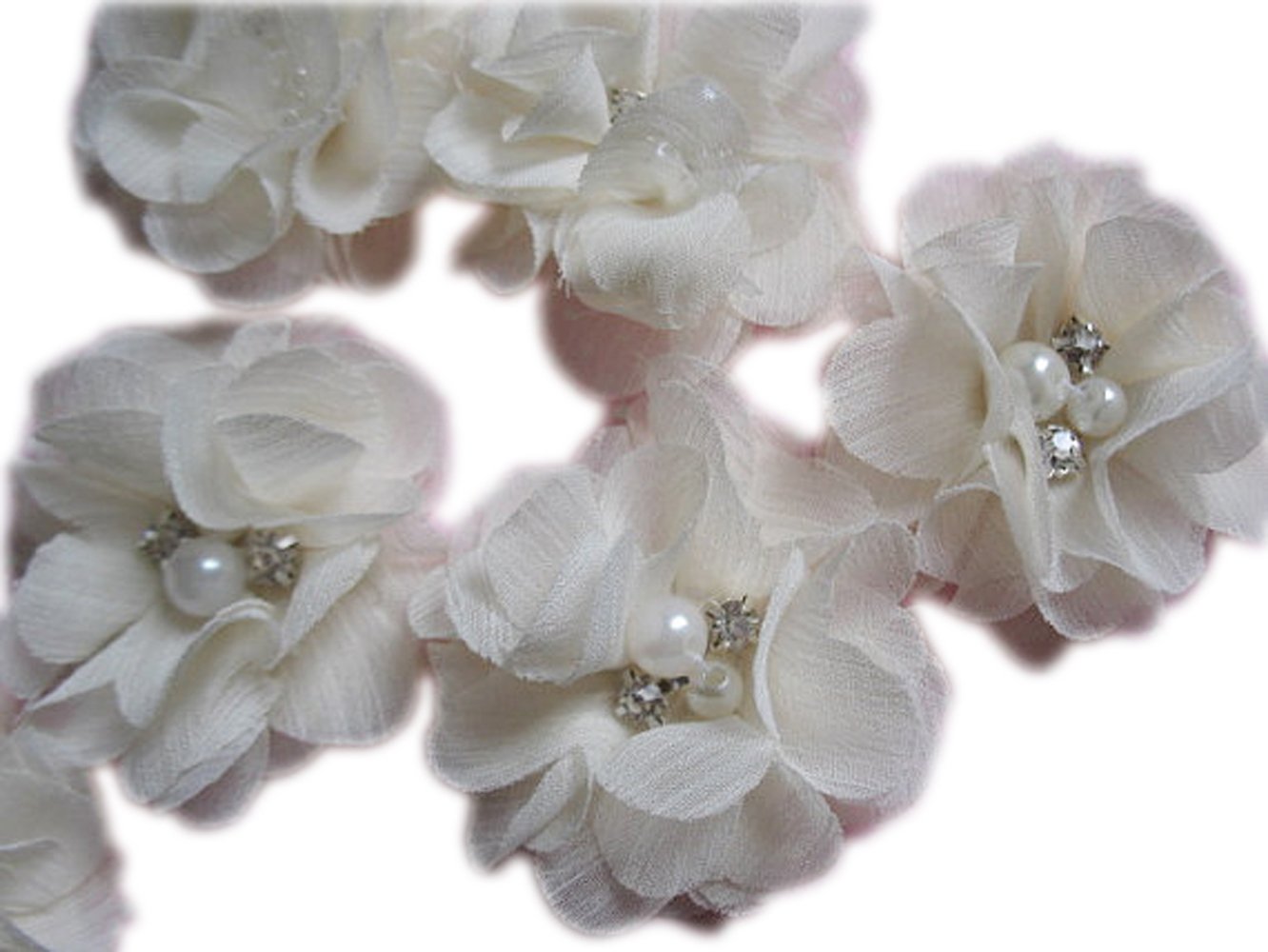 YYCRAFT Pack Of 20 Pieces Chiffon 2" Flower Rhinestone Pearl for craft projects-Ivory