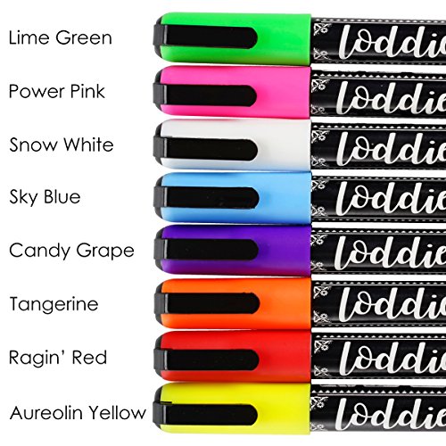 Loddie Doddie 8ct FINE POINT (3mm) Chalk Markers- VIVID Colors for use on Chalk, Dry Erase and Glass surfaces