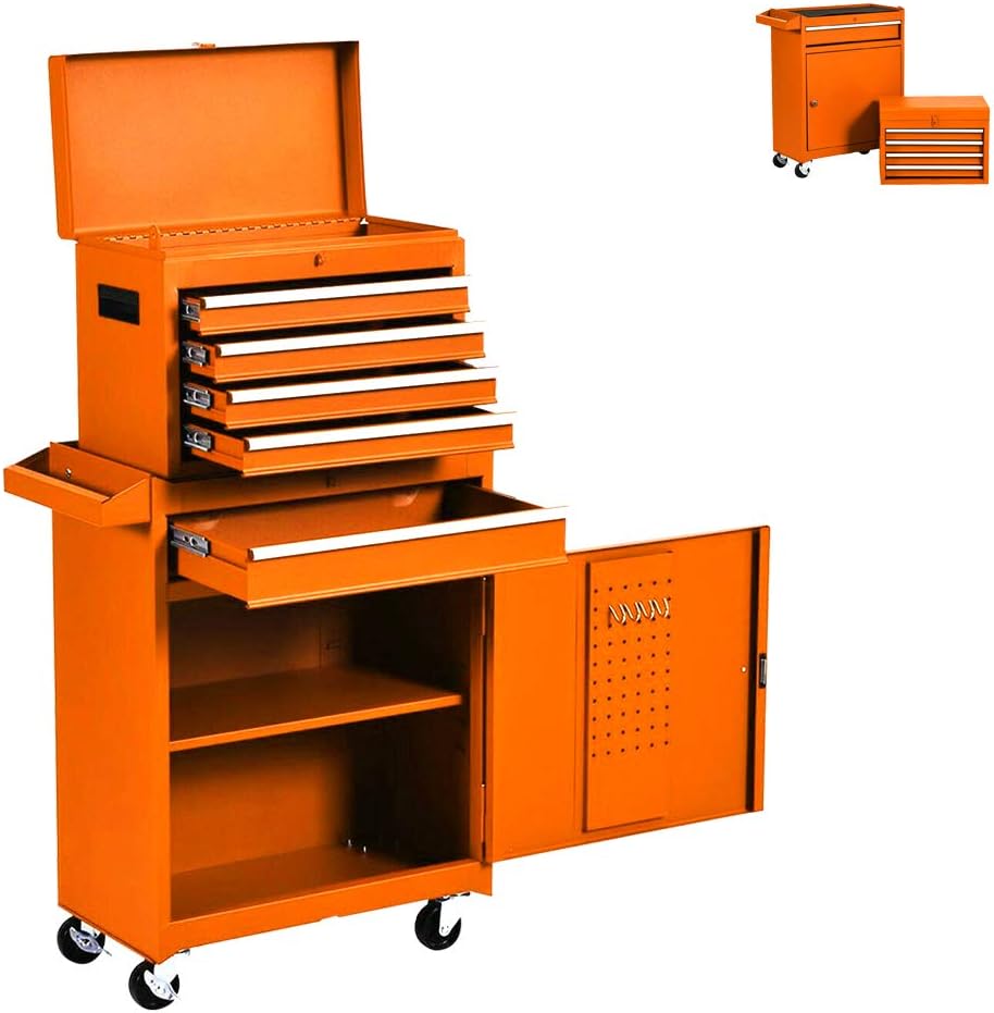 Removable Tool Chest,5-Drawers Tool BOX,Tool Chest with Wheels (2PCS Lockable) and Drawers,Tool Storage with Tray and Cabinet,Organizer(Cool Orange)