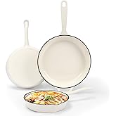 Nonstick Enameled Cast Iron Cookware - 3 enameled cast iron skillet 8-Inch, 9.5" Frying Pan & 11-Inch Large Cookware, Healthy Non Toxic Cooking Pan, PFOA PFAS PTFE Free, White