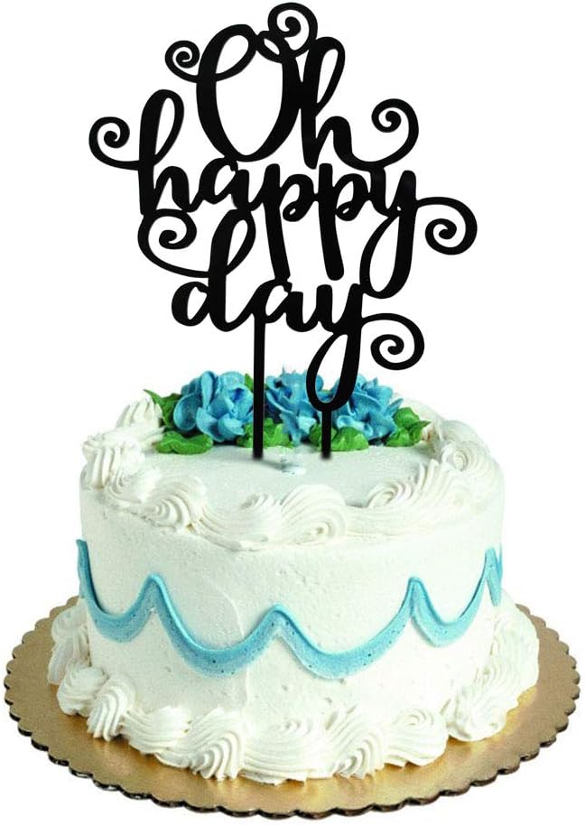 Black Oh Happy Day Cake Topper Acrylic for Graduation, Wedding, Anniversary, Retirement, Birthday Party Decorations Supplies