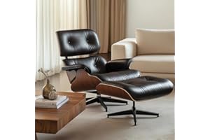 TRANQU Top Grain Leather Chaise Lounge Chair and Ottoman Classic Accent Chairs 360° Swivel Heavy Duty Base Support Quality Wooden Shell Mid Century Lounge Chair for Living Room Office Reading Palisander