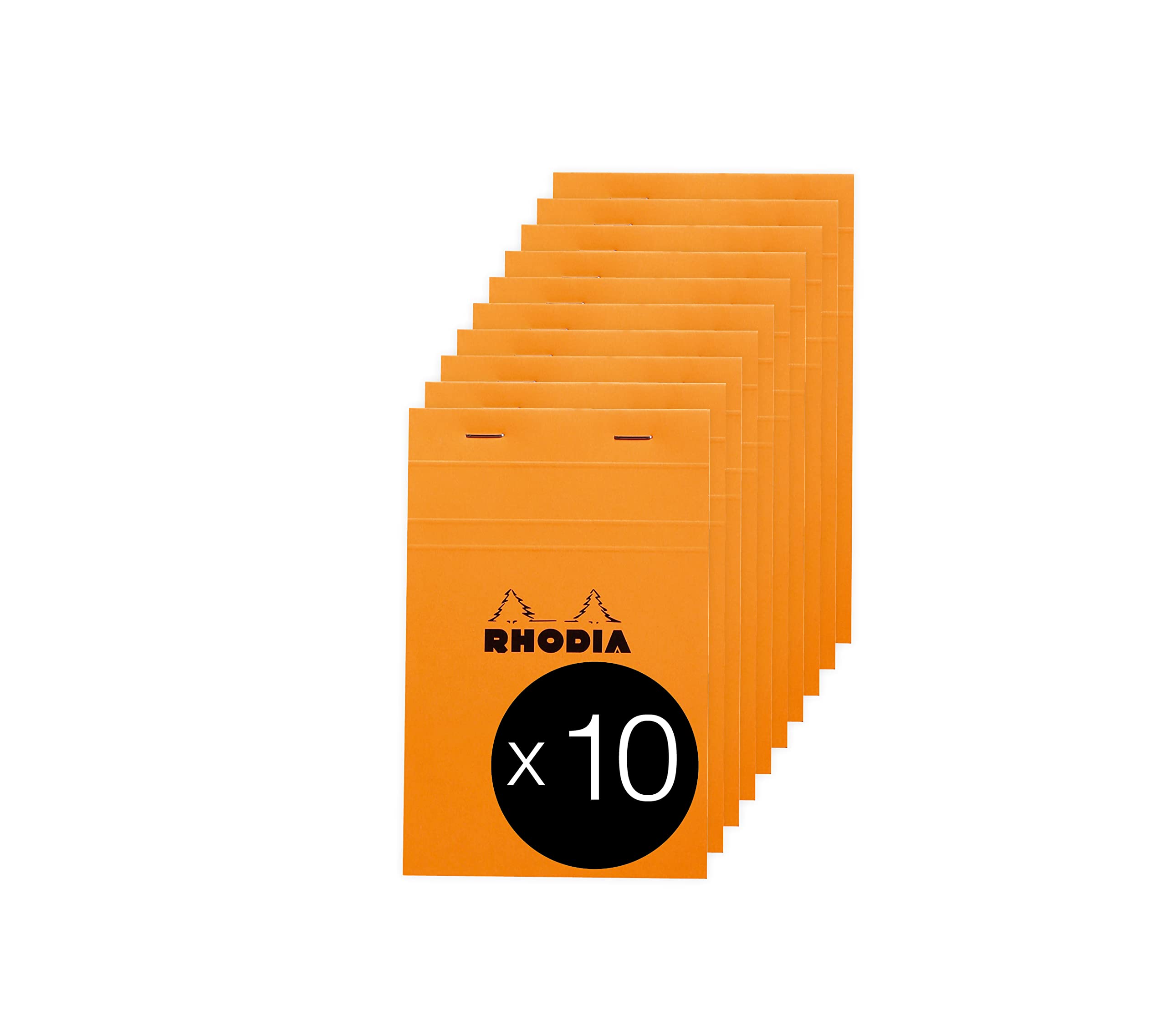 RHODIA 14600C - Stapled Notepad N°14 Orange - 11x17 cm - Lined - 80 Detachable Sheets - 80G White Clairefontaine Paper - Coated Card Cover - Pack of 10 pads