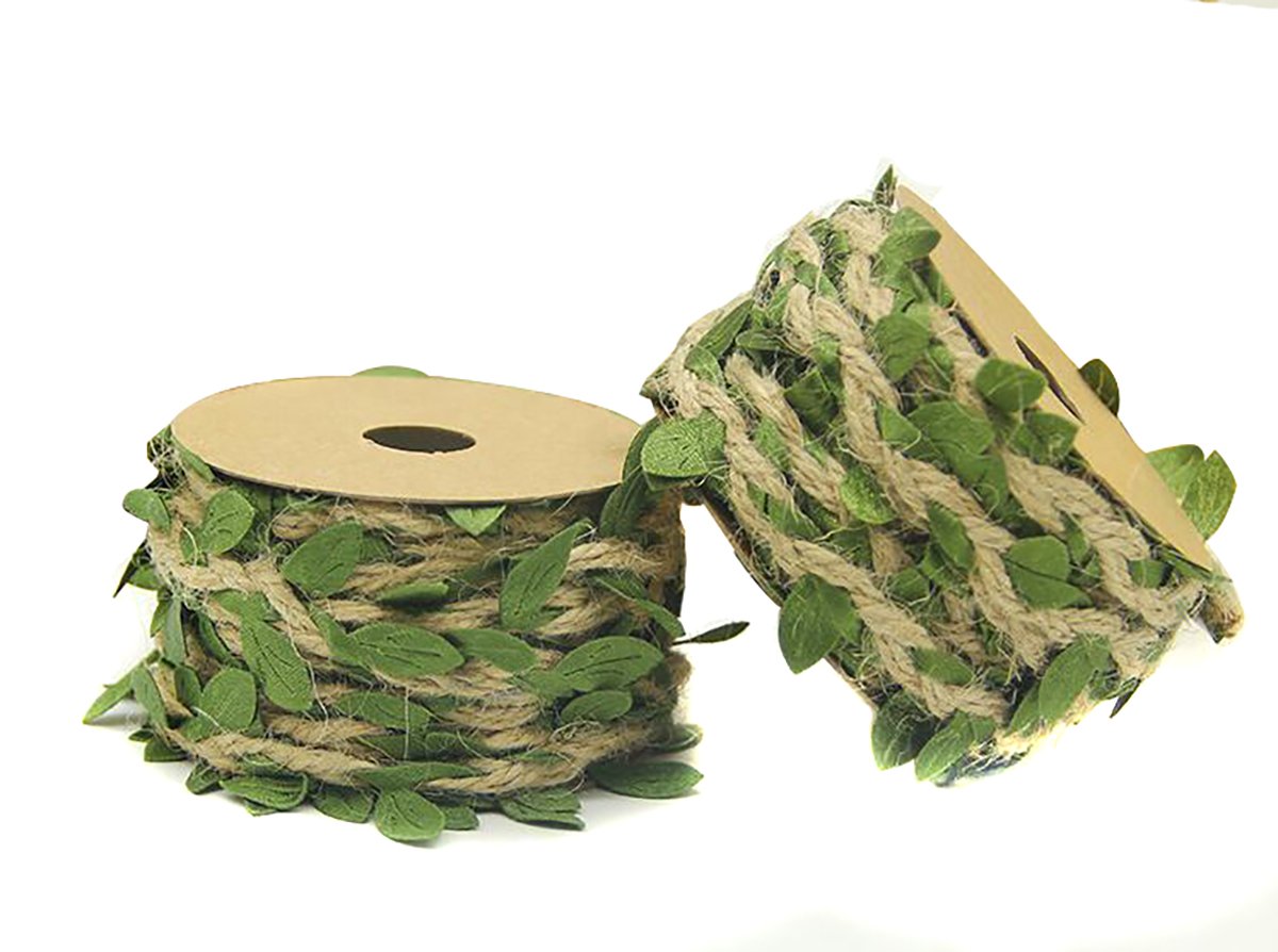 2 Rolls 4ply Creative Burlap Leaf Ribbon Durable String Braided Decorated Vine Natural Jute Twine with Artificial Green Leaves for Gift Wrapping Gardening Applications Art & Crafting