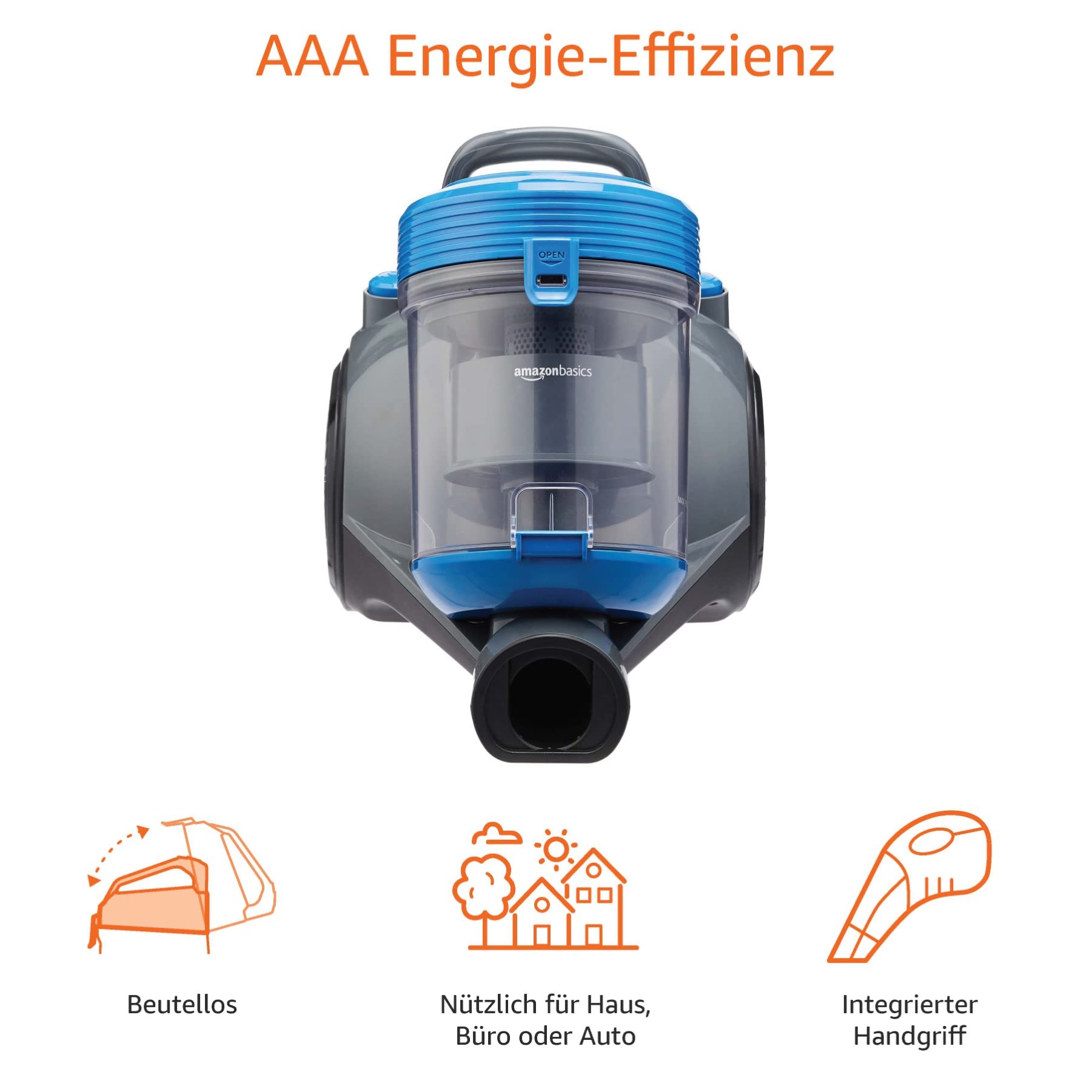 Amazon Basics Zylinder-Staubsauger, leistungsstark, kompakt und leicht, ohne Beutel, für Hart- und Teppichböden, HEPA-Filter, 700 W, 2.0 L, EU, Schwarz/Blau 2