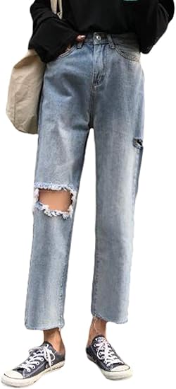 Amazon Yunhenダメージジーンズ レディース デニムパンツ ジーンズ ゆったり 韓国ファッション ダメージ加工 ロングパンツ ハイウエスト ジーンズ 通販