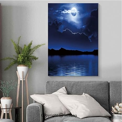Amazon 夜 手すき 和紙 アートパネル 30x40cm 木製パネル付 絵 絵画 インテリア 壁掛け 壁飾り 風水 玄関 木枠付きの完成品 幻想的な月と穏やかな海の上の雲劇的な曇り暗い空装飾ネイビーブルーホワイトブラック ウォールステッカー オンライン通販