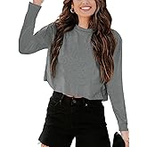 Tankaneo Women Long Sleeve Crop Tops Loose Crew Neck Cropped T-Shirts Drop Shoulder Casual Basic Tees L-Blue