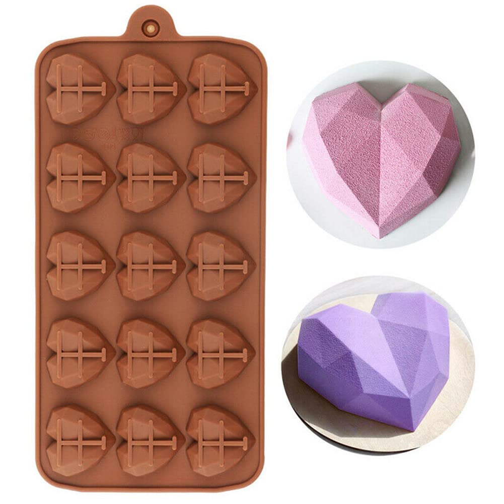 DUBENS Diamond Heart Silicone Mould for Valentine's Day, 15 Cavities Heart-Shaped Chocolate Mould Non-Stick Mould Tray for Ice Cubes, Mousse Dessert, Sweets, Hot Chocolate