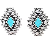 Emulily Western Squash Blossom Dangling Post Earrings Navajo Diamond Concho (Turquoise)
