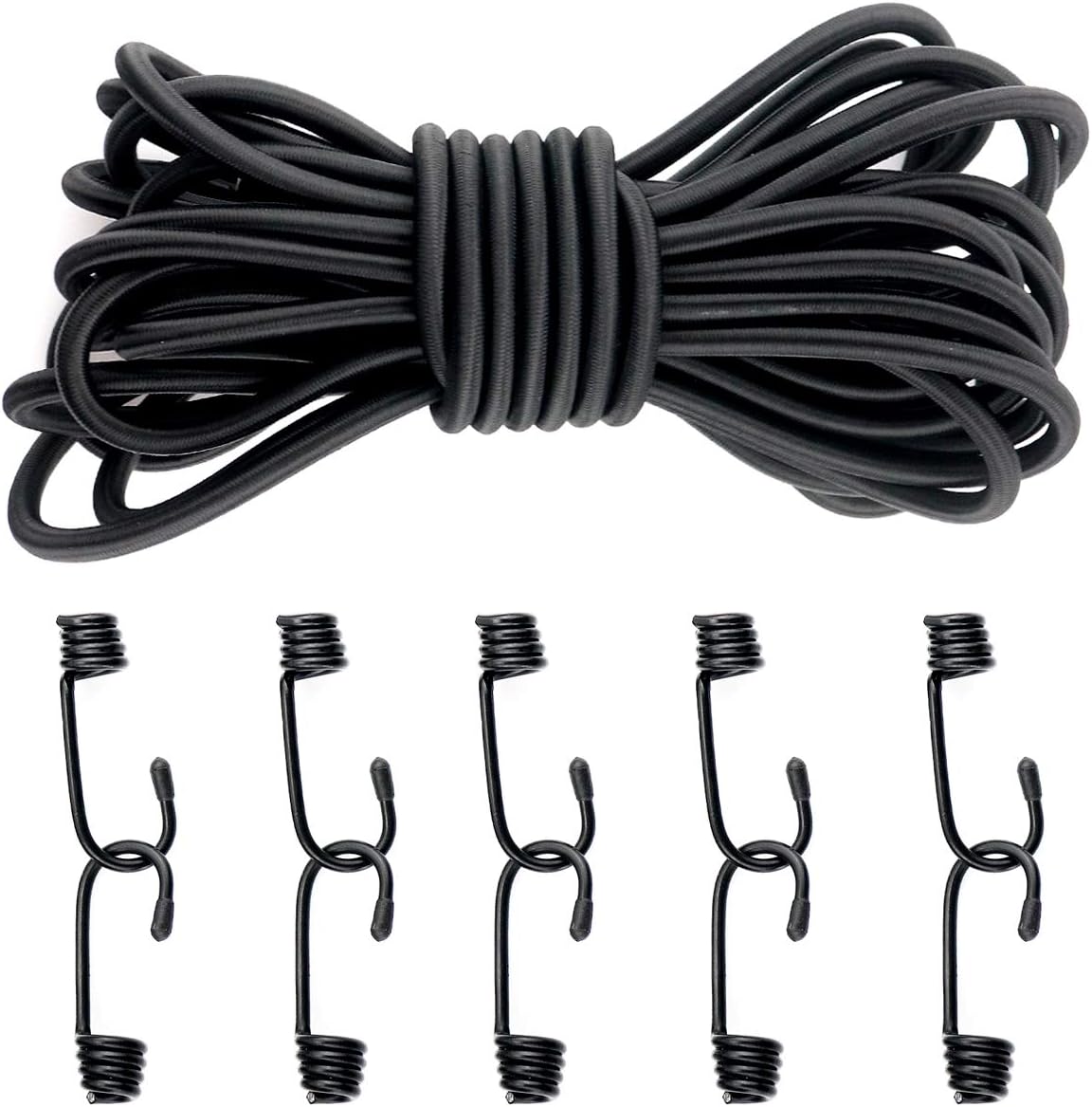 TooTaci 8mm (10m/33ft) Black Elastic Bungee Rope with 10 Hooks, Extra