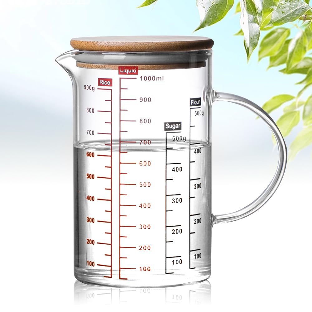 Penbinmall 1L Borosilicate Glass Measuring Cup, Transparent, 1 Piece, Perfect for Baking, Cooking and Mixing