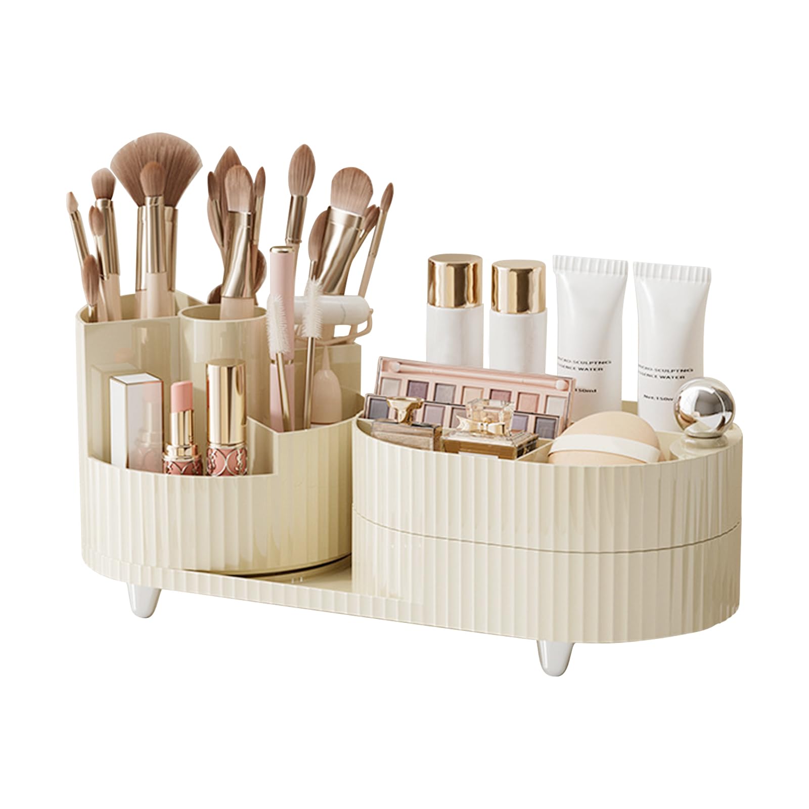 DASITON Makeup Organiser with Drawer, 360° Rotating Makeup Brush Holder, Makeup and Skincare Storage for Vanity, Desktop, Bathroom Countertop, Dressing Table Storage Organiser (Cream 01)