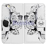 Bfun Packing Bcov White Floral Skull Card Slot Wallet Leather Cover Case for Apple iPhone 6 Plus AT&T Verizon Sprint