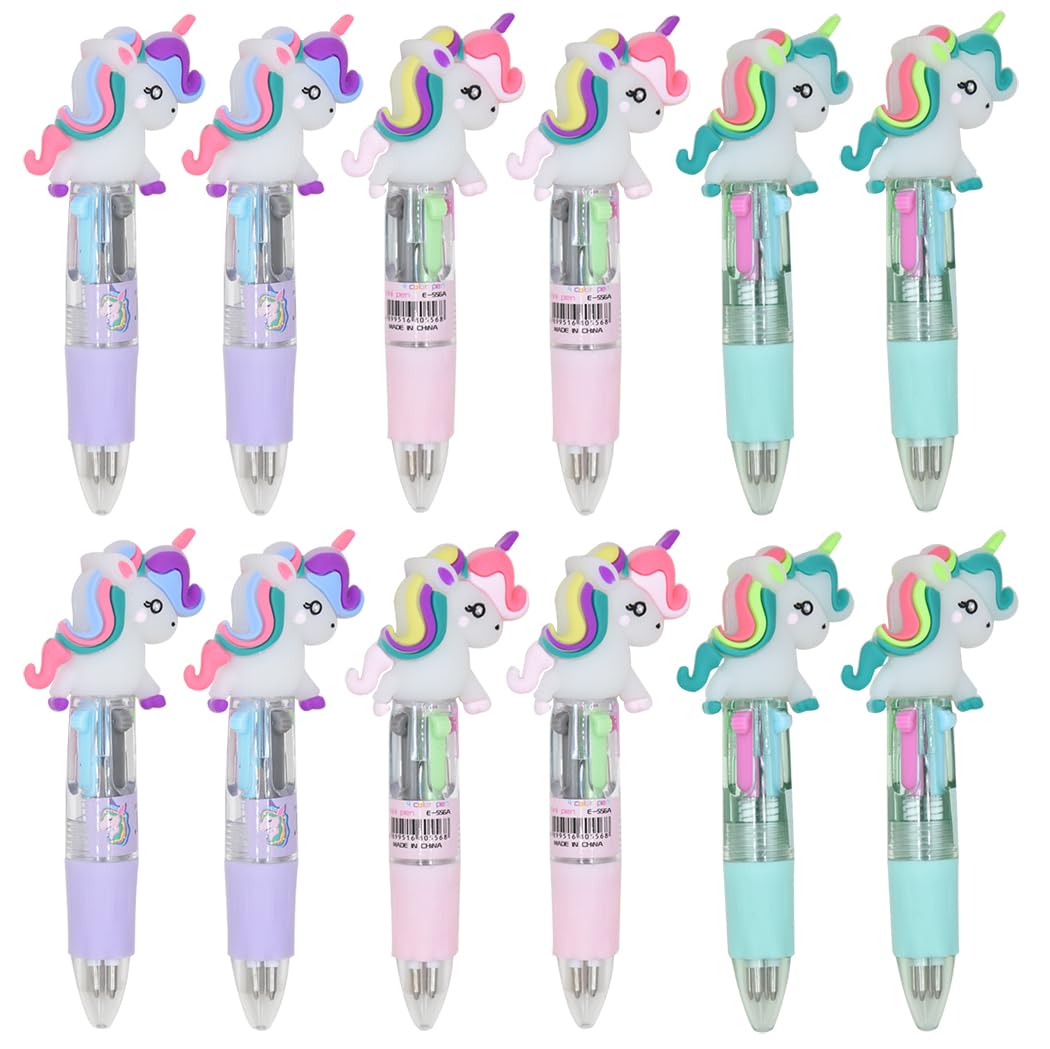 Ranvi 12 PCS Retractable Ballpoint Pen Cute Unicorn 4 in 1 Retractable Multicolor Ballpoint Pens for Office School Household Supplies(Curly Hair Unicorn)