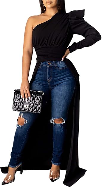 one shoulder dip hem tops