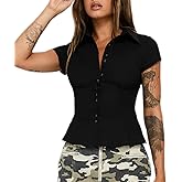 Women Fashion Plaid Button Up Shirt Short-Sleeve Lapel Collar Blouse Shirts Y2K Summer Casual Going Out Tops