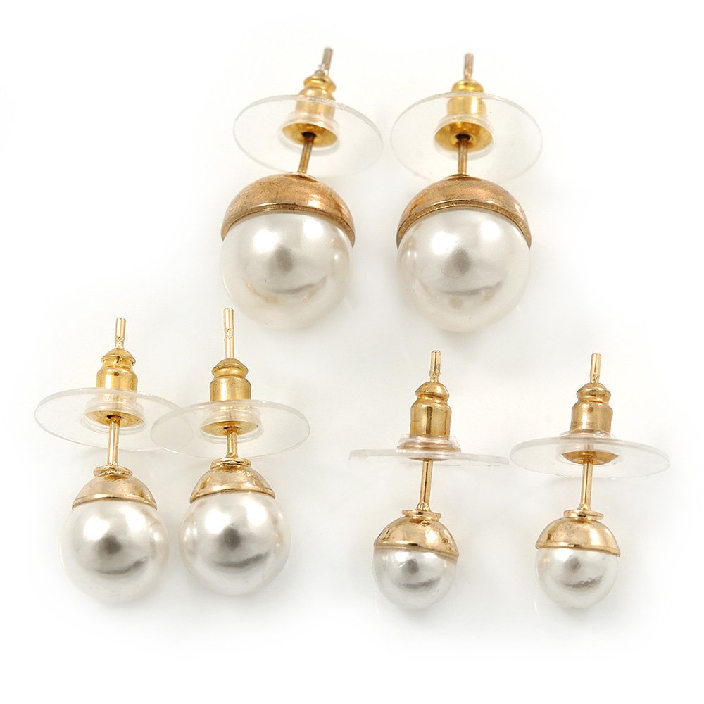 10mm, 8mm, 6mm/ Set Of 3 White Simulated Glass Pearl Stud Earrings/Gold Tone