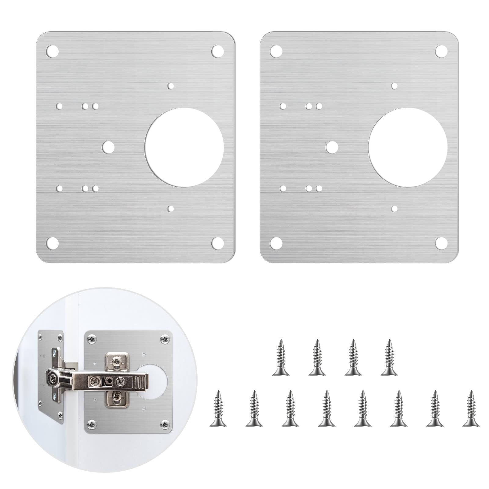 Set of 2 cabinet hinge plate, hinge brackets, hinge repair plate, hinge repair set, stainless steel with hole and 12 screws for door, cabinet, furniture, drawer, window